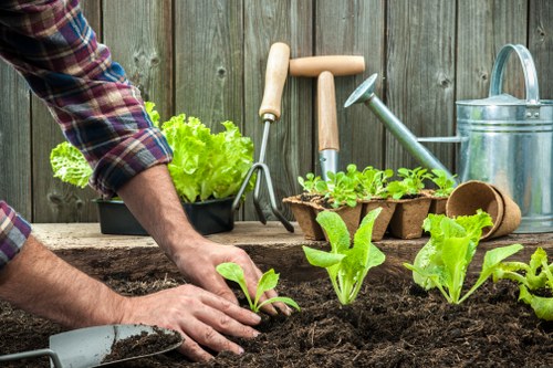 Gardener pruning shrubs in a well-maintained Honor Oak garden